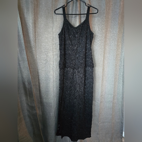'90s Black Floral Lace Sequin Fully Beaded Pencil Maxi Evening Dress Sz Large - Picture 3 of 6